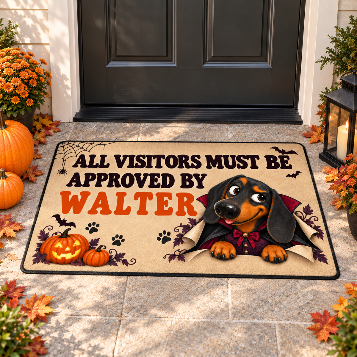 Sipengrave custom dog name Dachshund Halloween doormat at a front door decorated with Halloween pumpkins and a lantern.