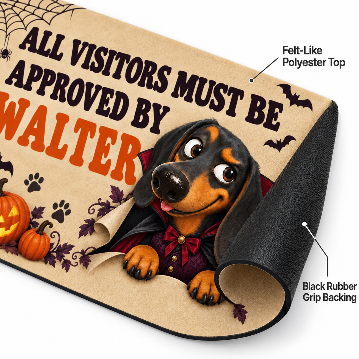 Sipengrave custom dog name Dachshund Halloween doormat showing the felt-like polyester surface and curled black rubber grip backing.