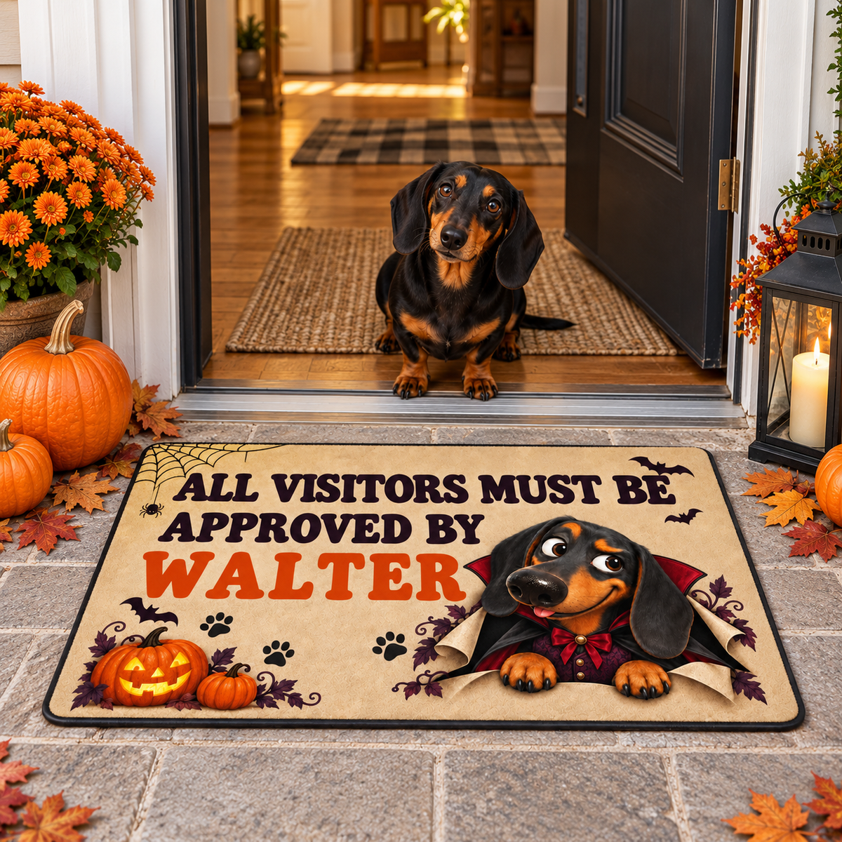 Sipengrave custom dog name Dachshund Halloween doormat beside a real Black and Tan Dachshund at a Halloween doorway.