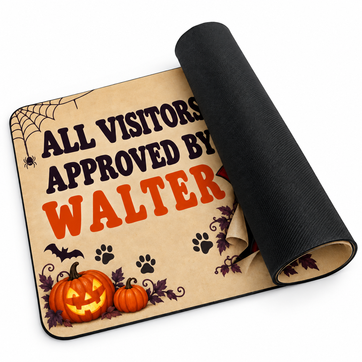 Sipengrave custom dog name Dachshund Halloween doormat partly rolled with the printed design hidden inside and black rubber backing outside.