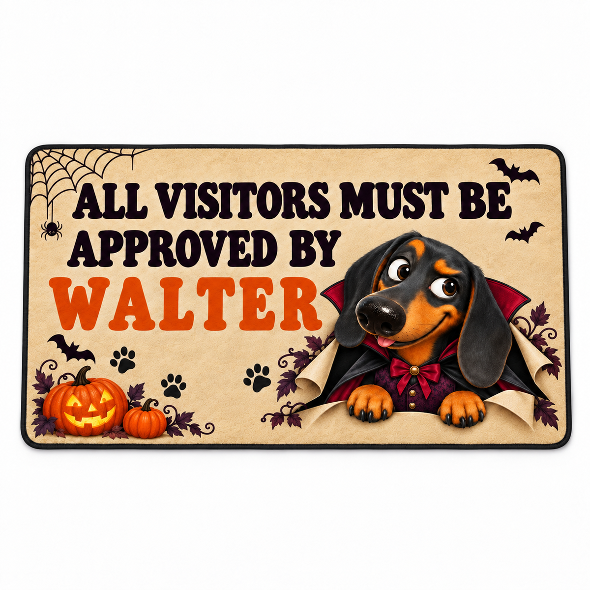 Sipengrave custom dog name Dachshund Halloween doormat on a white studio background with Walter in a Dracula outfit.