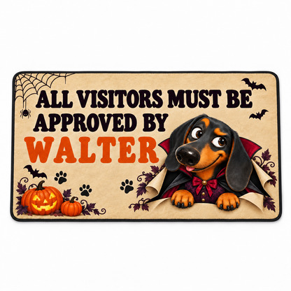 Sipengrave custom dog name Dachshund Halloween doormat on a white studio background with Walter in a Dracula outfit.