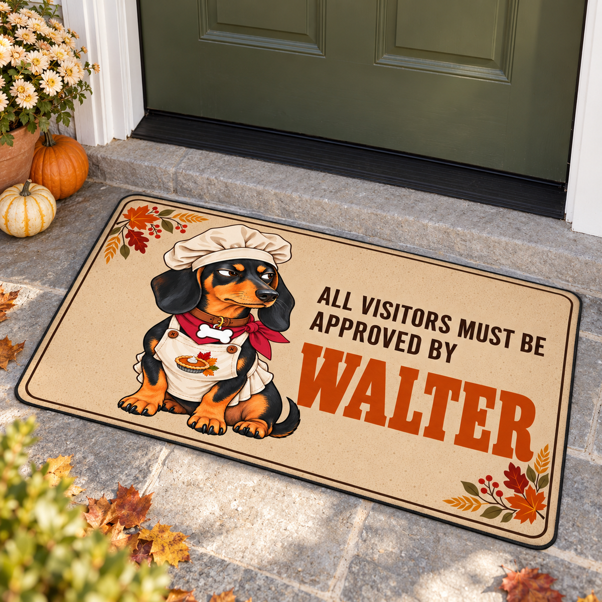 Sipengrave personalized Dachshund doormat with Walter's name on an autumn porch beside pumpkins