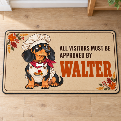 Sipengrave custom name Dachshund Thanksgiving welcome mat displayed on a wooden entryway floor