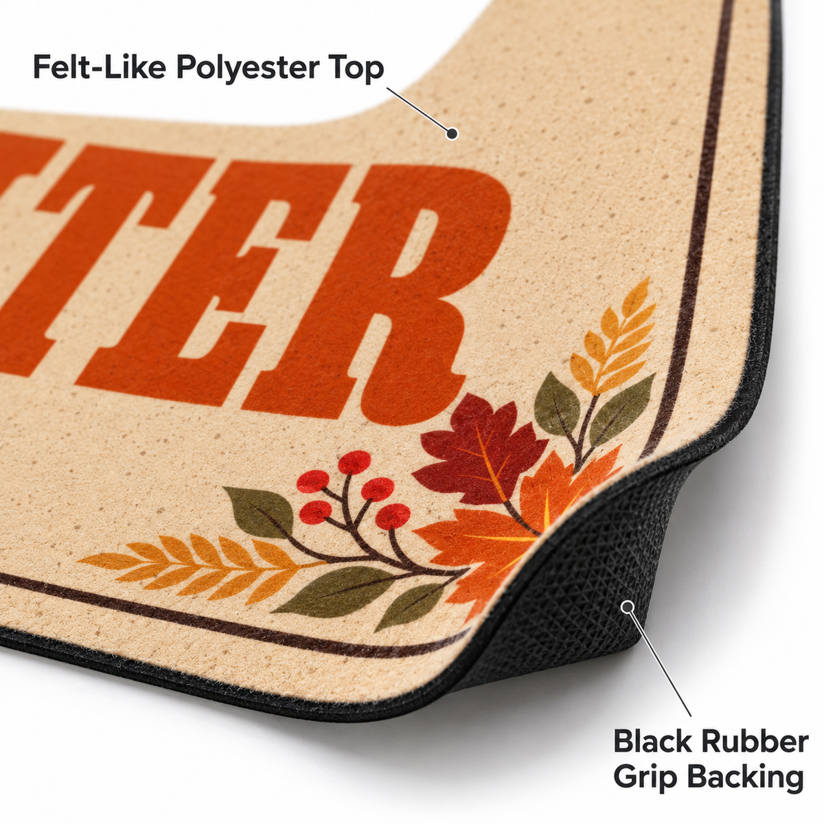 Sipengrave Dachshund doormat close-up showing the felt-like polyester print surface and black rubber grip backing
