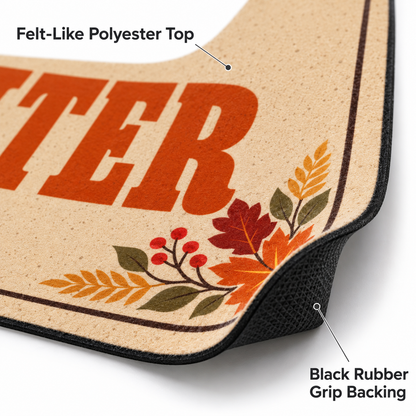 Sipengrave Dachshund doormat close-up showing the felt-like polyester print surface and black rubber grip backing