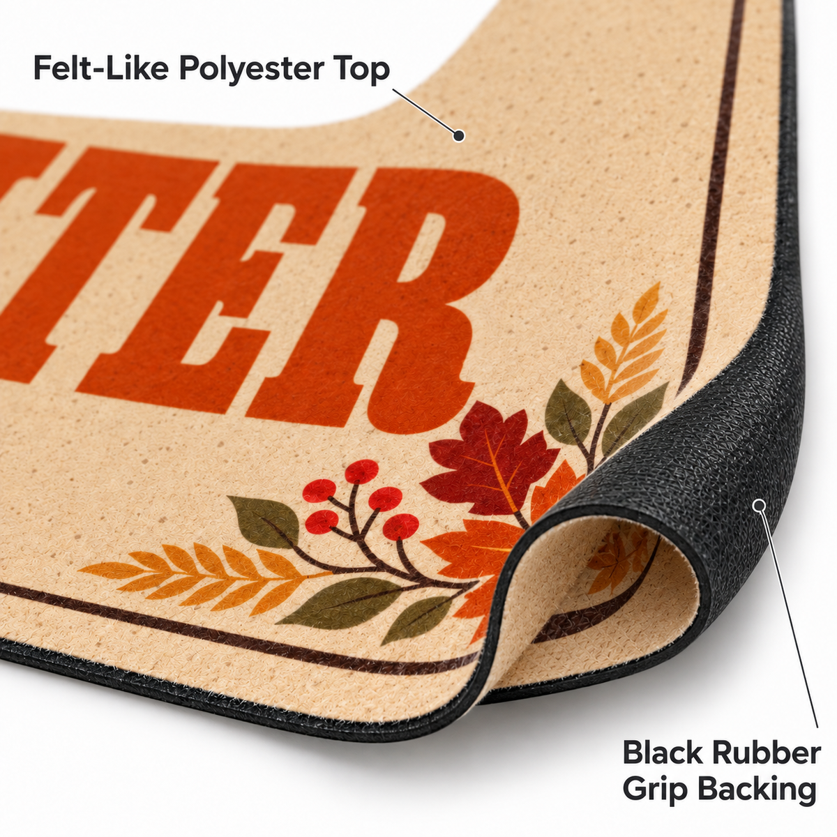 Sipengrave custom dog name Dachshund Thanksgiving doormat detail showing the felt-like polyester top and curled black rubber grip backing.