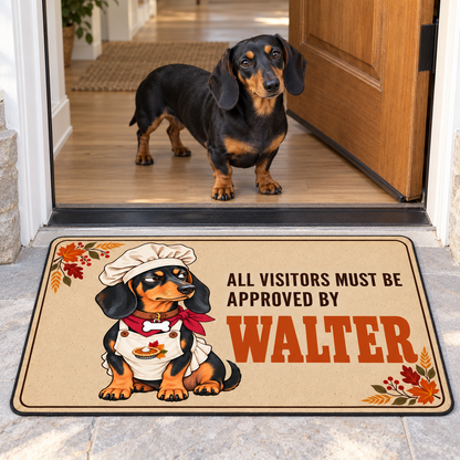 Black and tan Dachshund behind a Sipengrave Thanksgiving doormat personalized with the name Walter