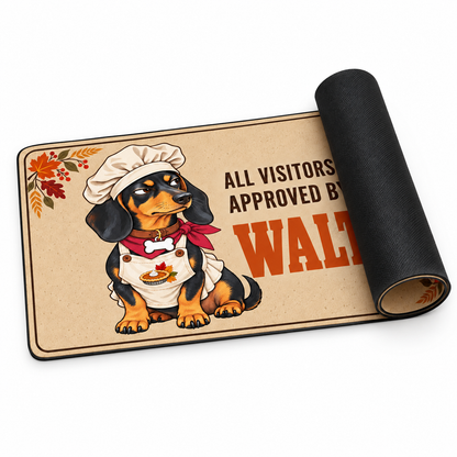 Partially rolled Sipengrave personalized Dachshund Thanksgiving doormat with the Walter design partly hidden by the roll