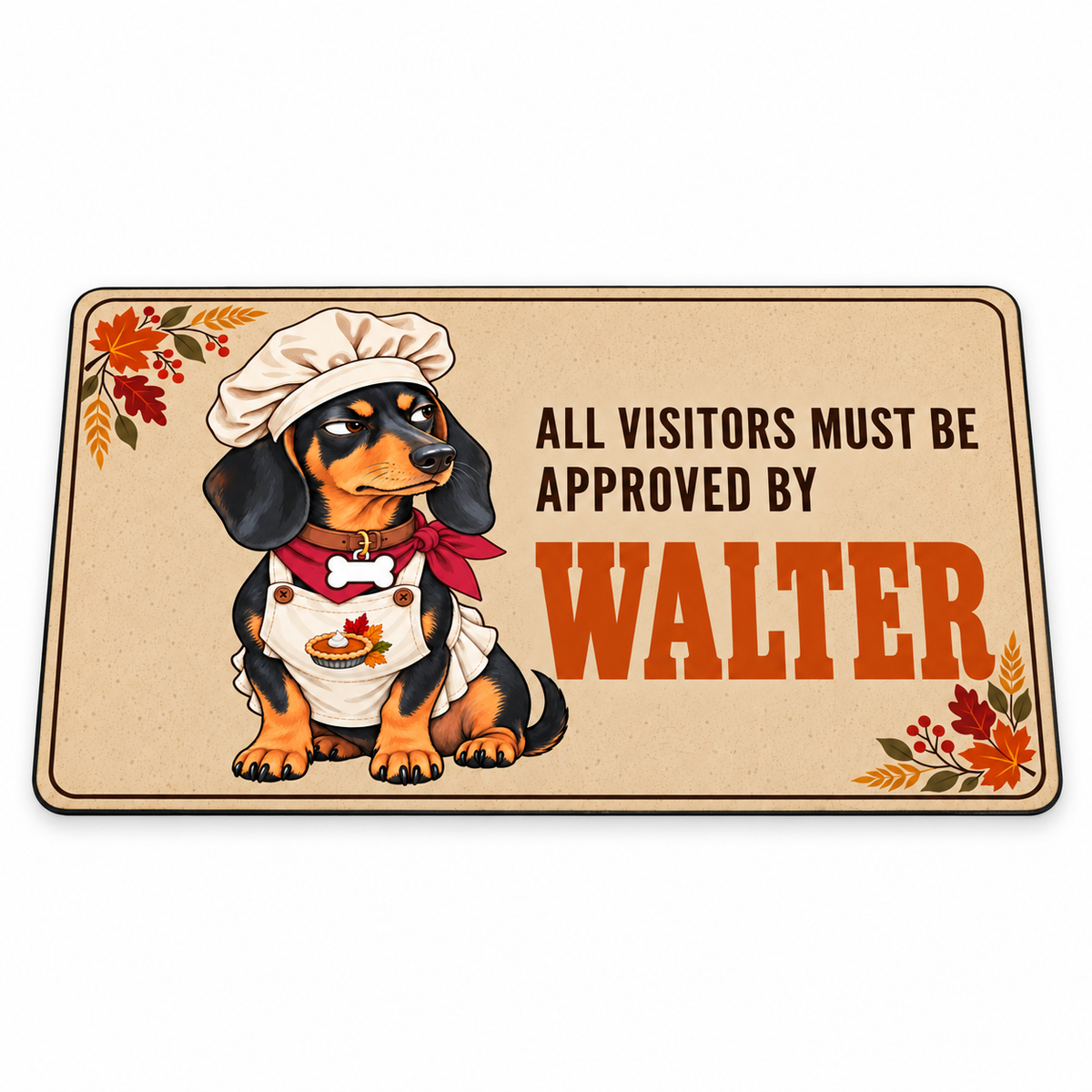 Sipengrave custom dog name Dachshund Thanksgiving doormat with Walter chef artwork on a white background