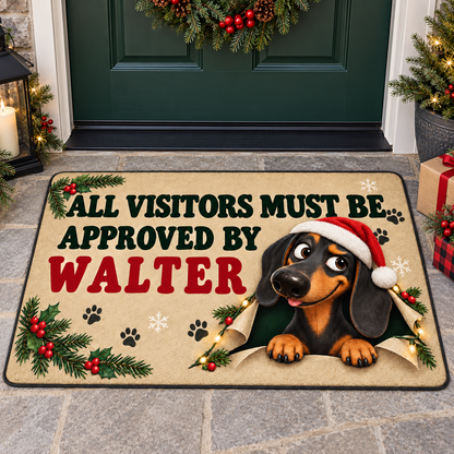 Sipengrave Dachshund Christmas Doormat Gift With Dog Name at a covered front door with Christmas decorations.