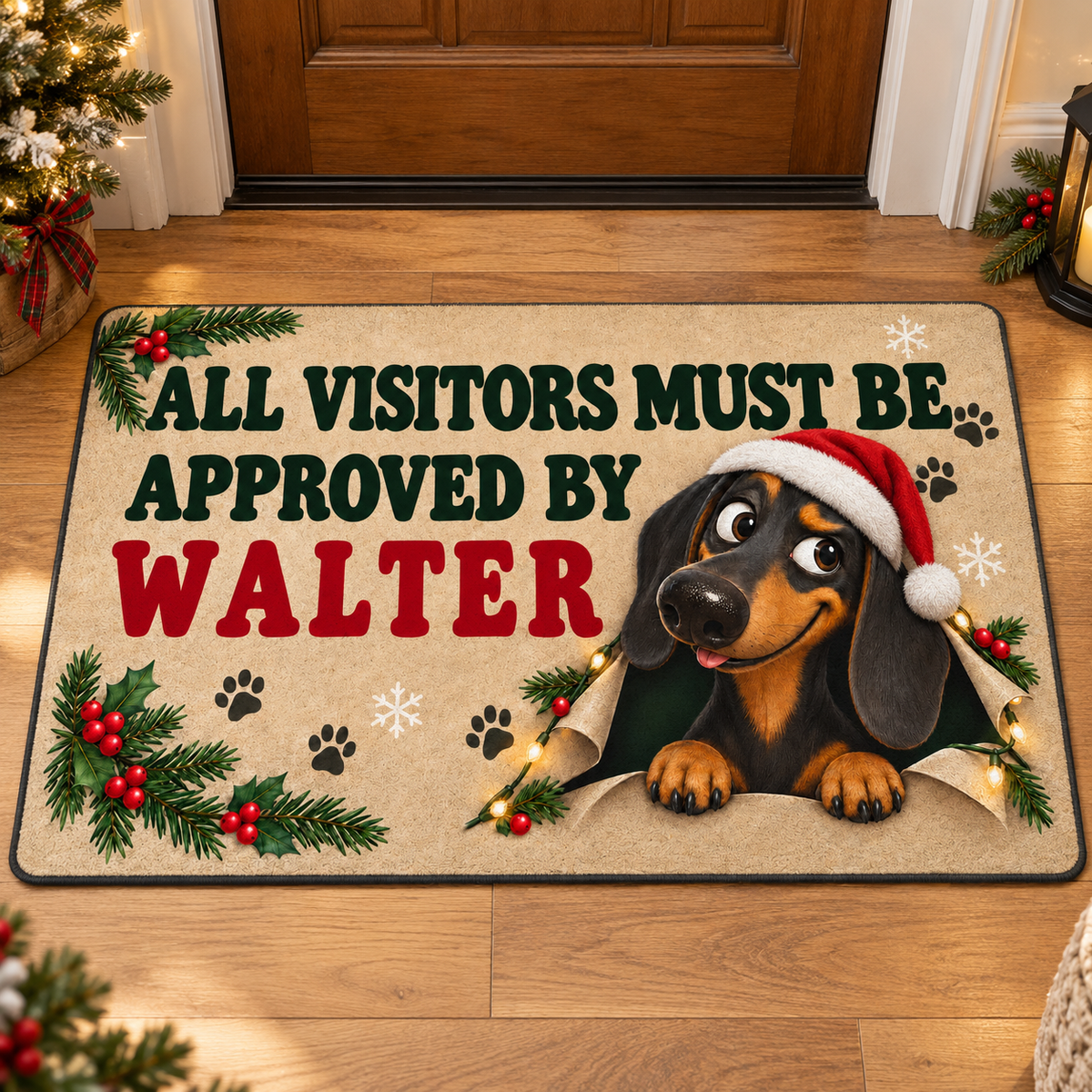 Sipengrave Dachshund Christmas Doormat Gift With Dog Name on an oak floor in a Christmas entryway.