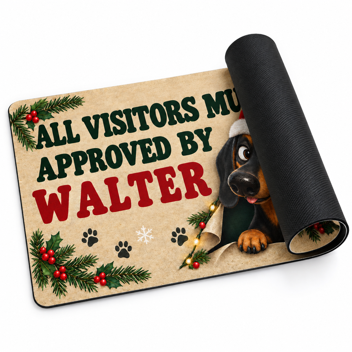 Sipengrave Dachshund Christmas Doormat Gift With Dog Name rolled to show the flexible mat and black rubber backing.