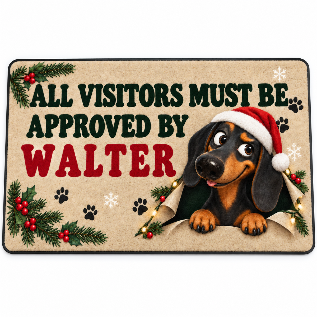 Sipengrave Dachshund Christmas Doormat Gift With Dog Name on a white studio background with Walter and Santa artwork.