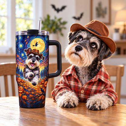 Daisy the Schnauzer in a cowboy hat beside the Halloween dog tumbler