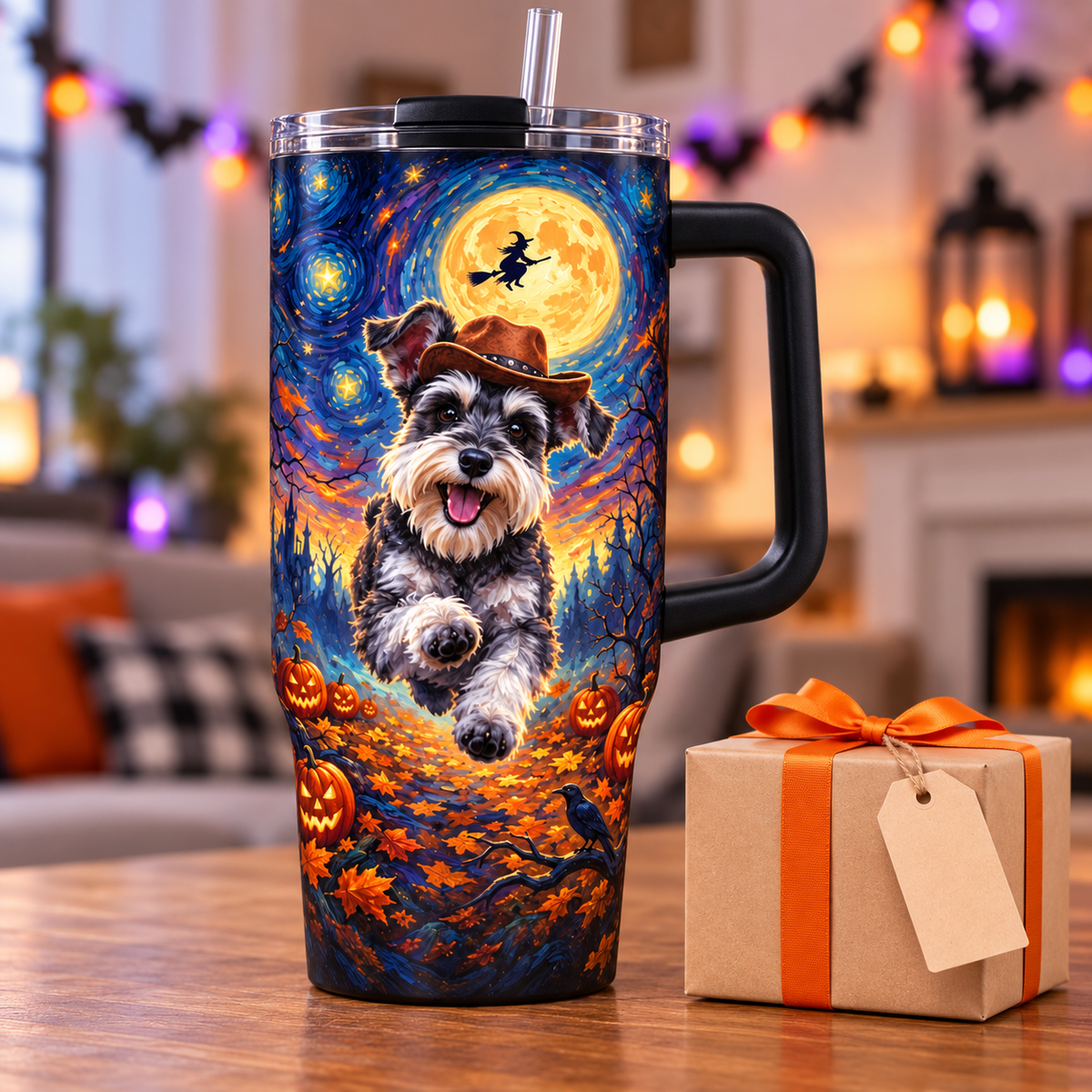 Gift-ready 40 oz Halloween dog tumbler with personalized pet artwork