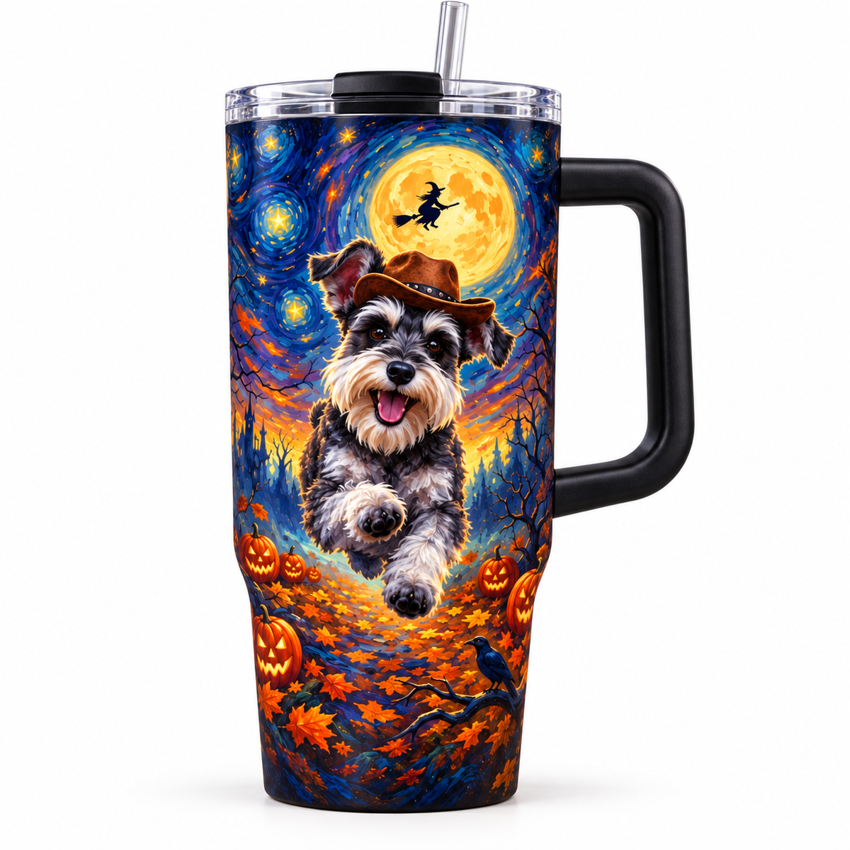 40 oz personalized Halloween dog tumbler with black handle and custom pet portrait