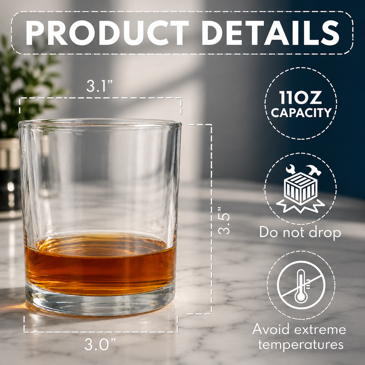 Product details for the funny retirement gift for dad whiskey glass by SipEngrave: 11oz tempered glass, FDA certified, UV printed in the USA